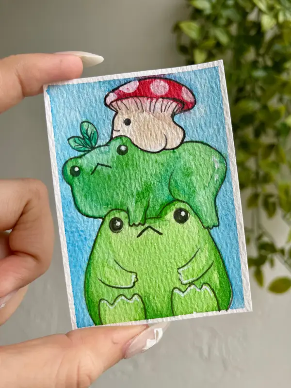 Frogs and Mushroom aceo art card