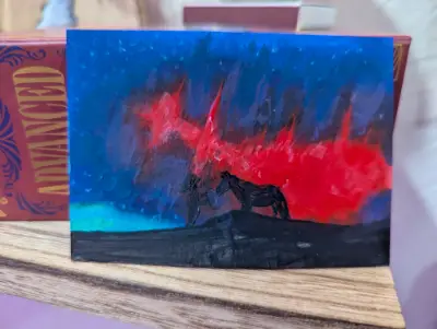 Woman with horse silhouette against northern lights aceo art card thumbnail 1