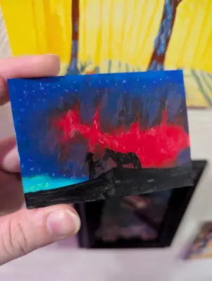 Woman with horse silhouette against northern lights aceo art card thumbnail 2