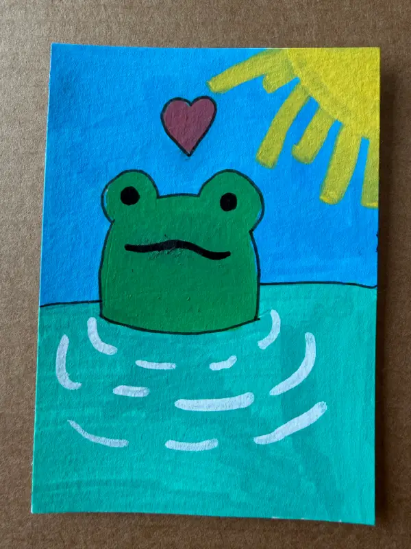 Frog in the Water by Ronan Conner, 6yrs old, acrylic marker and ink aceo art card