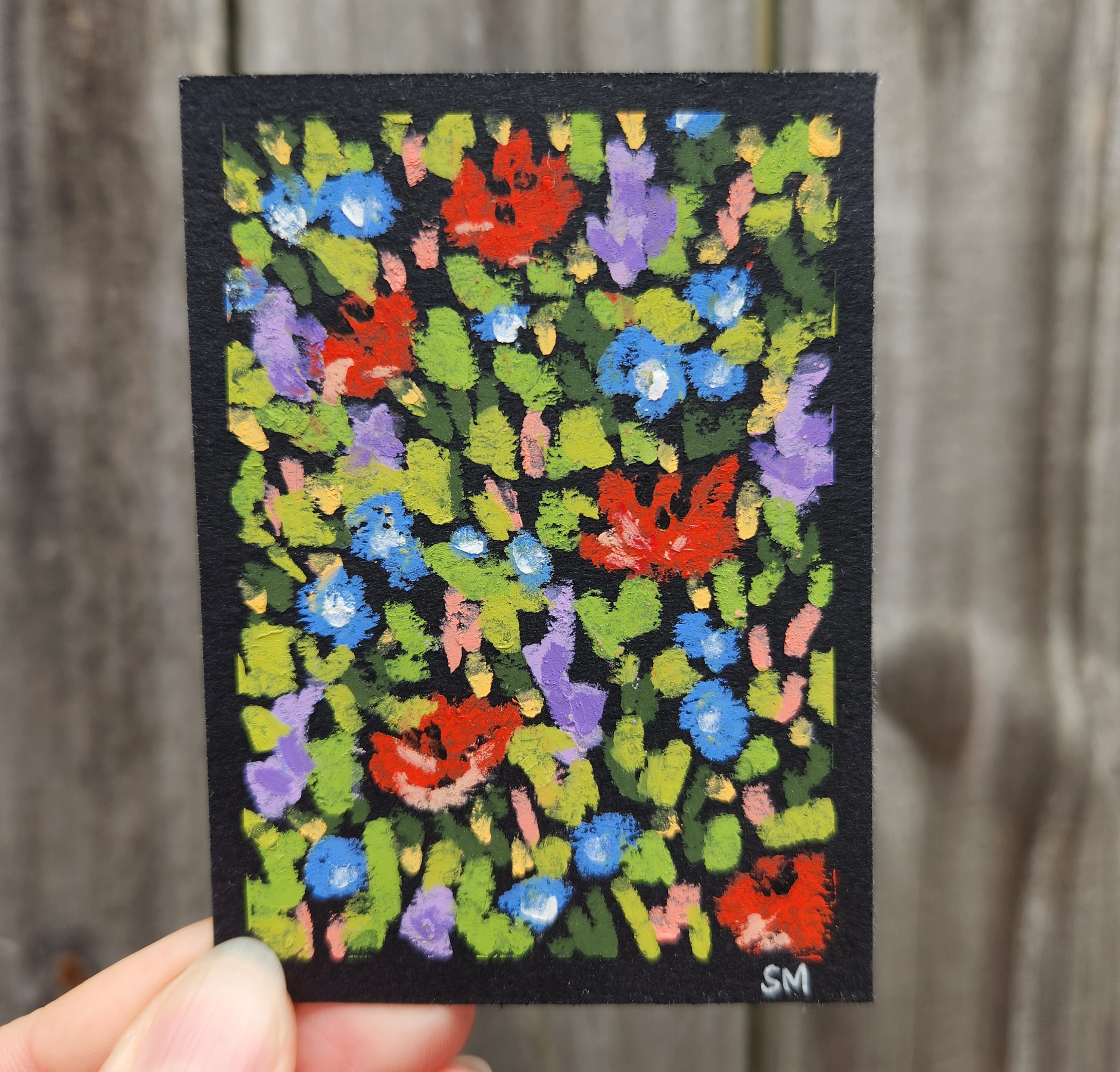 Abstract florals on black aceo art card