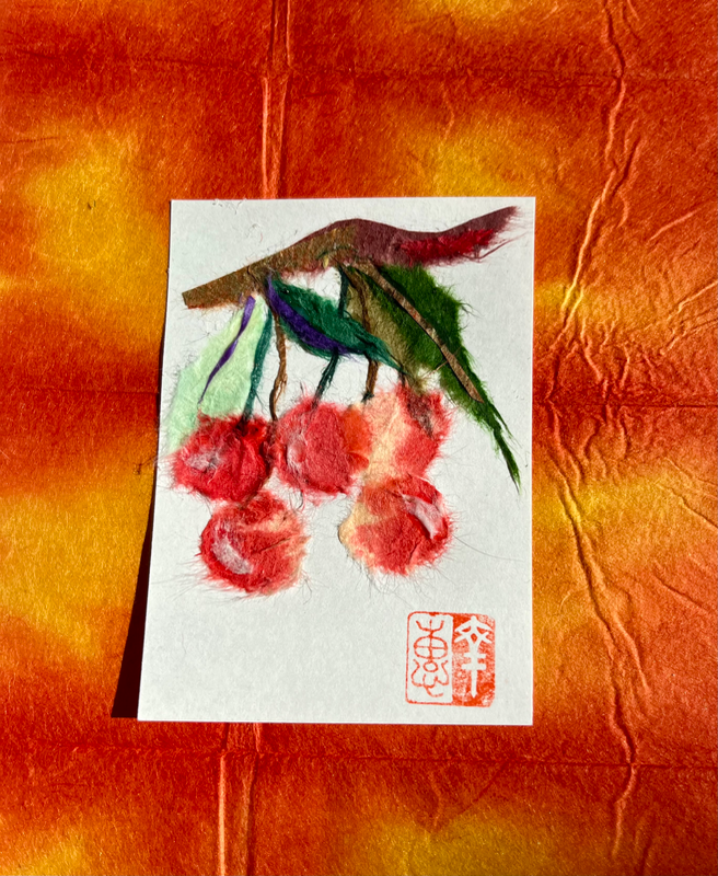 Japanese Washi art - Sweet cherries (sakuranbo) aceo art card
