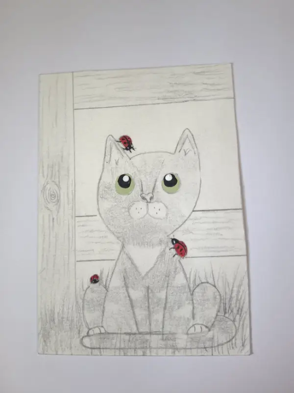 Cat with ladybugs aceo art card