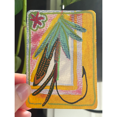 Sunset - abstract fly fishing lure - “let em’ fly” series aceo art card thumbnail 2