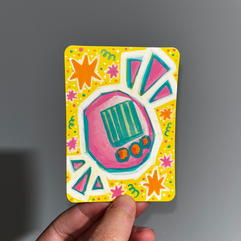 original aceo tamagotchi pink cute nostalgia electronics pop culture toy aceo art card