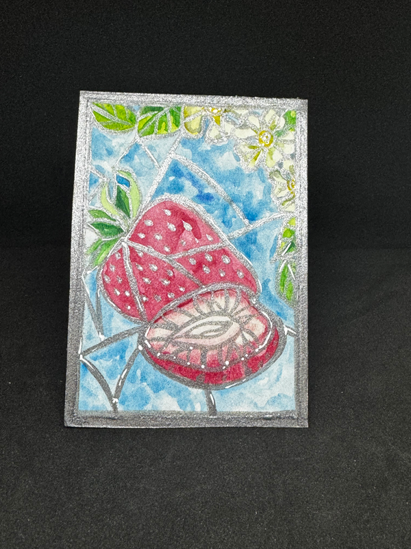 Stained glass strawberry watercolor aceo art card