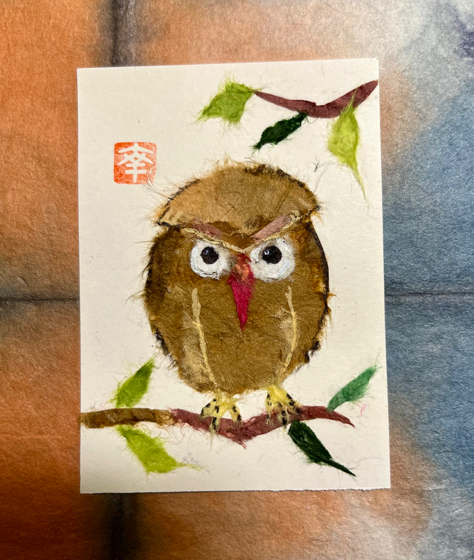 Japanese Washi art - Mr Hoot. (Fukuro) aceo art card