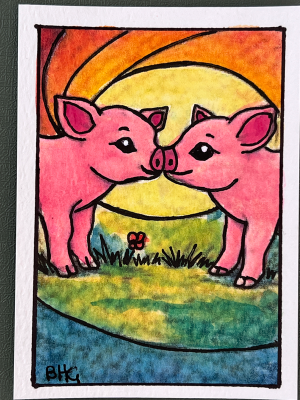 Piggy Kiss aceo art card