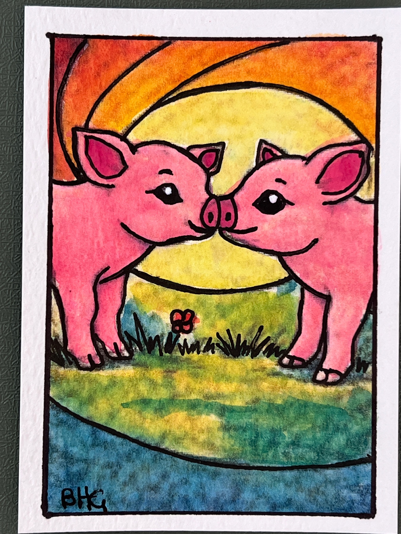 Piggy Kiss aceo art card