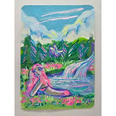 Mermaid in the Pond aceo art card thumbnail 1