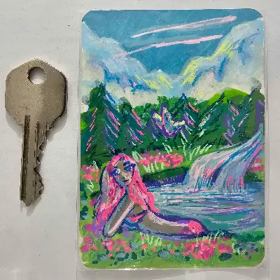 Mermaid in the Pond aceo art card thumbnail 2