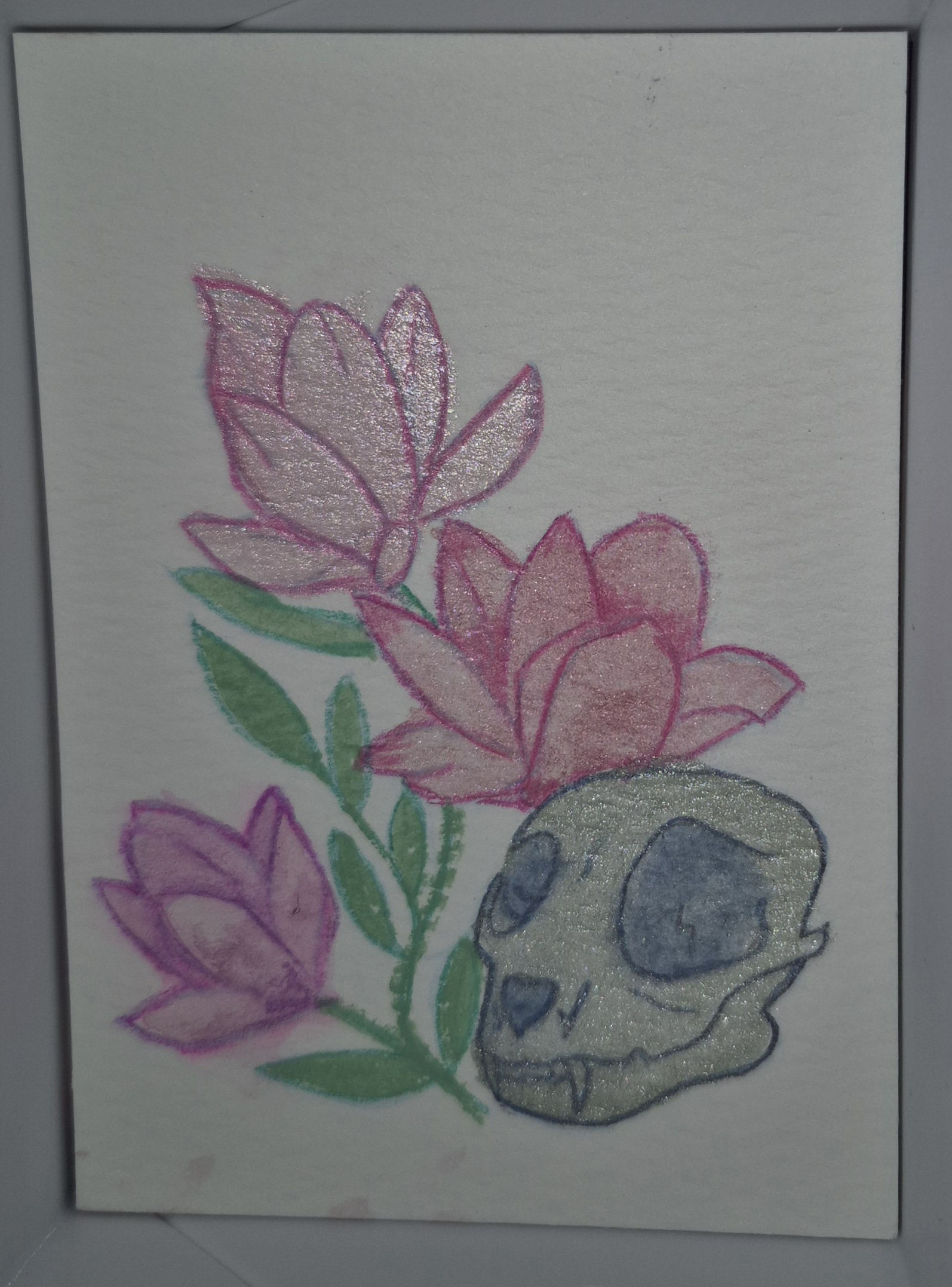 Cat Skull with Flowers aceo art card