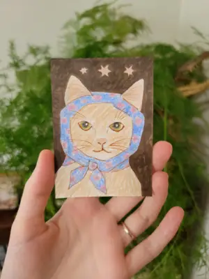 Head-Scarf Kitty aceo art card thumbnail 1