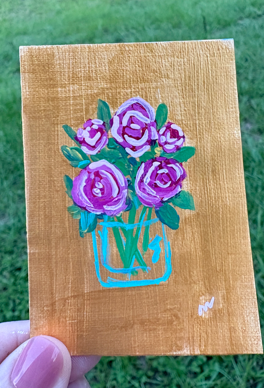 Pretty in Pink Flowers in Vase Abstract Acrylic aceo art card