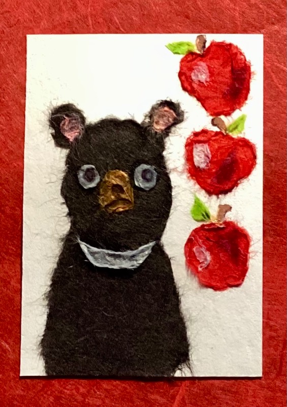 Japanese washi art- a bear and apples aceo art card