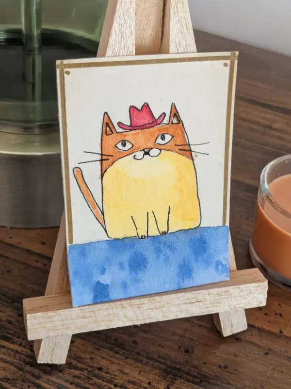 ACEO Cartoon Cat Cowboy Hat Cute Kawaii Watercolor Original OOAK aceo art card