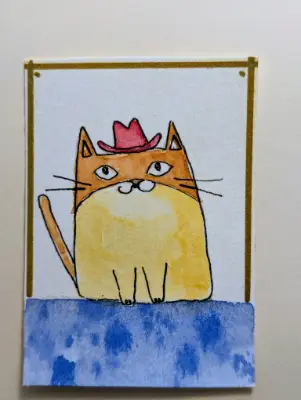 ACEO Cartoon Cat Cowboy Hat Cute Kawaii Watercolor Original OOAK aceo art card thumbnail 2