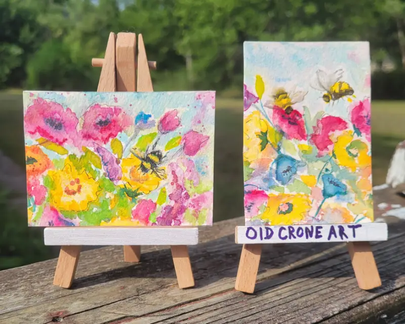 Bidding on 2 paintings Watercolors, Bees Butterfly Poppies aceo art card