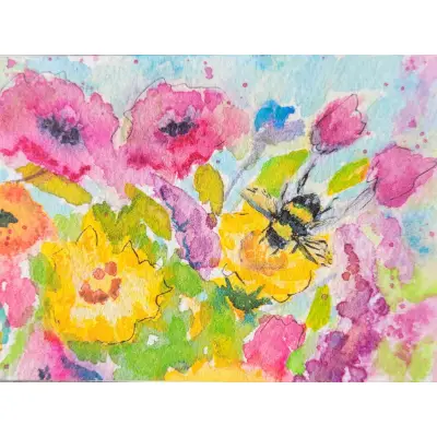 Bidding on 2 paintings Watercolors, Bees Butterfly Poppies aceo art card thumbnail 3