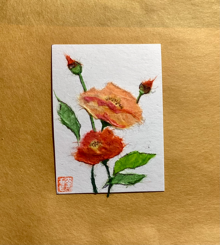 Japanese washi art - Poppy aceo art card