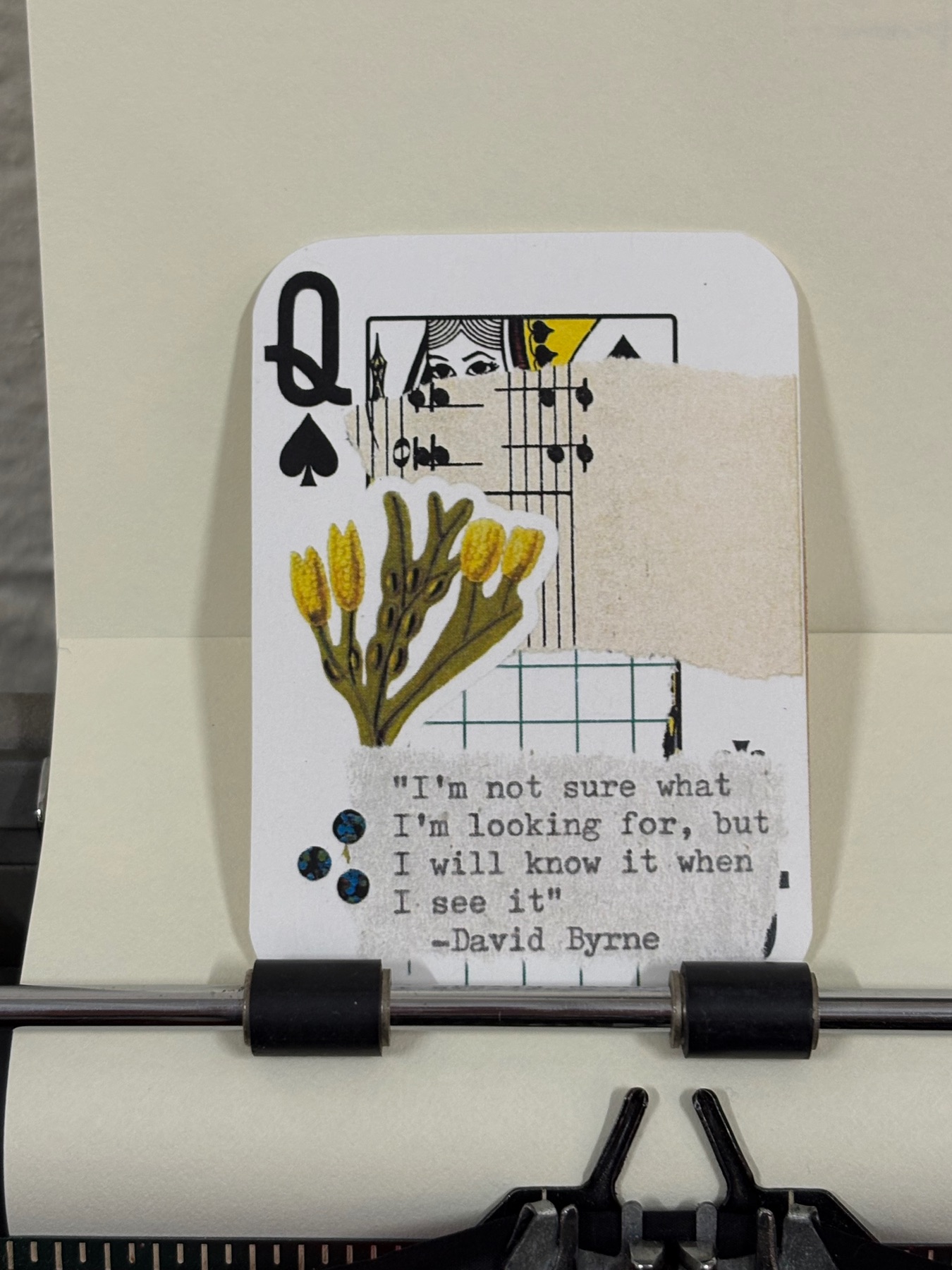 Yellow floral David Byrne quote micro collage print by Mazerzine aceo art card