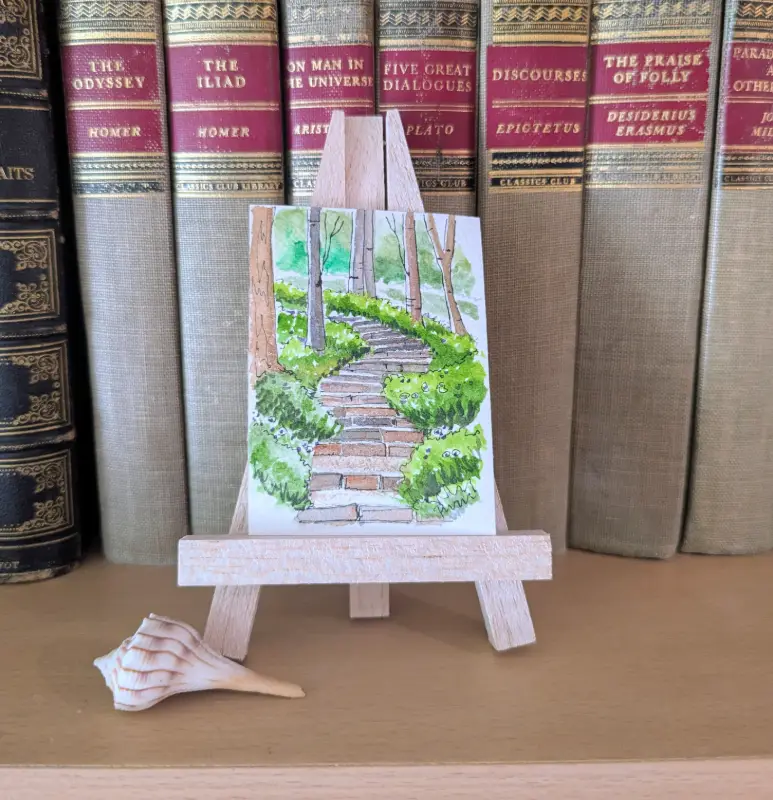ACEO Original Watercolor Landscape Forest Trees Brick Pathway Unframed 2.5"x3.5" aceo art card