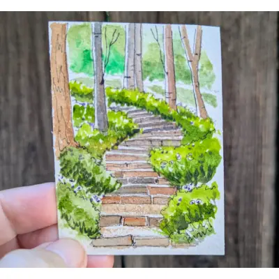 ACEO Original Watercolor Landscape Forest Trees Brick Pathway Unframed 2.5"x3.5" aceo art card thumbnail 2