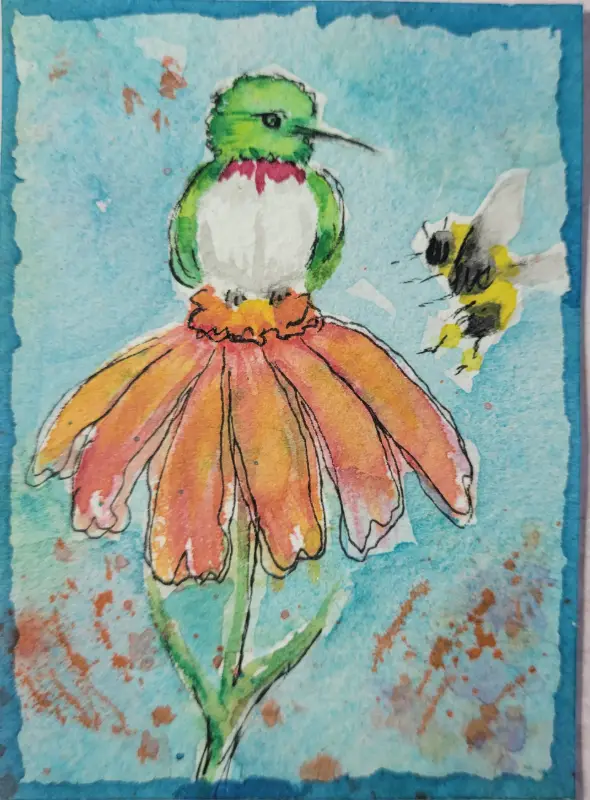 "Move Over' Hummingbird Bee zinnias aceo art card