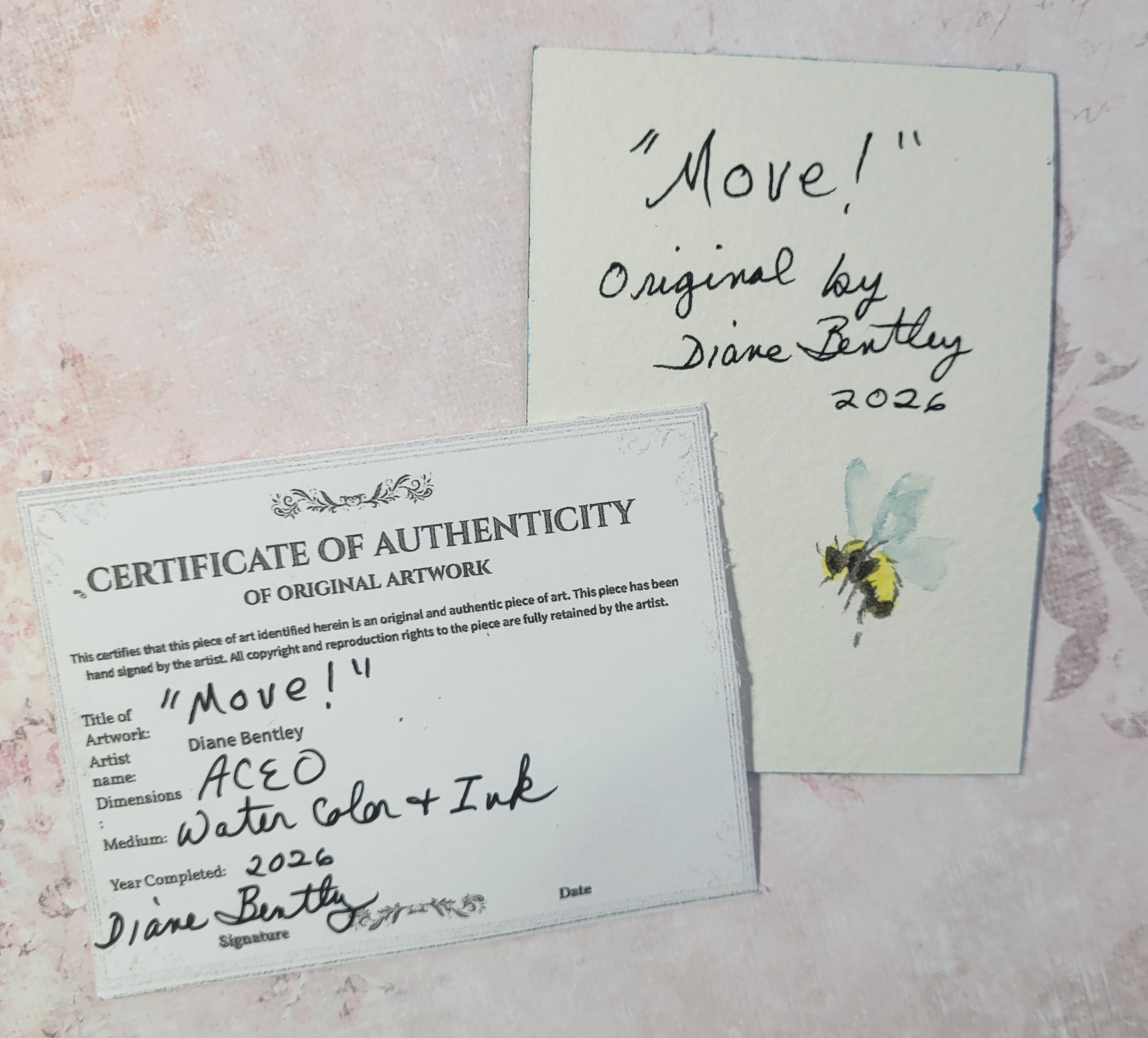 "Move Over' Hummingbird Bee zinnias aceo art card thumbnail 3