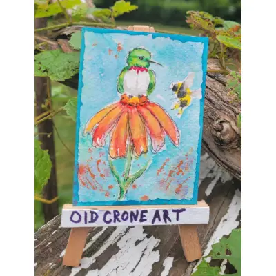 "Move Over' Hummingbird Bee zinnias aceo art card thumbnail 2
