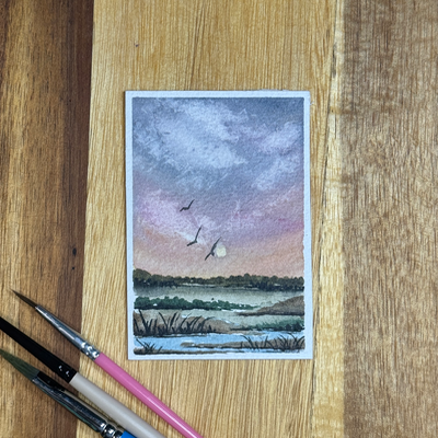 ACEO Watercolor, Landscape, Original, Marsh, “Birds at Sunrise”, 3.5x2.5in, By Lark aceo art card thumbnail 3