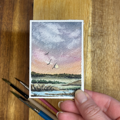 ACEO Watercolor, Landscape, Original, Marsh, “Birds at Sunrise”, 3.5x2.5in, By Lark aceo art card thumbnail 1