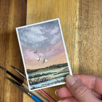 ACEO Watercolor, Landscape, Original, Marsh, “Birds at Sunrise”, 3.5x2.5in, By Lark aceo art card thumbnail 2