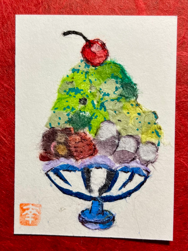 Japanese Washi art - Macha parfait aceo art card