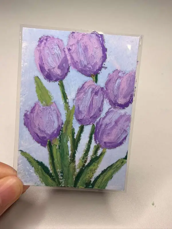 ACEO ORIGINAL, Abstract Oil Pastel Flowers, Tulips, New Signed Mini Art aceo art card
