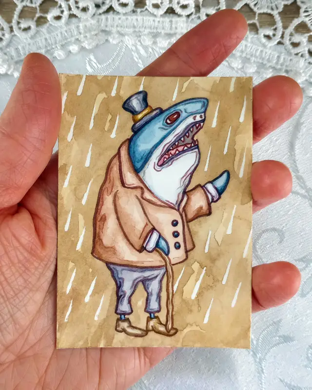 Rainy Day Fish: The Shark (Original Watercolor ACEO) aceo art card