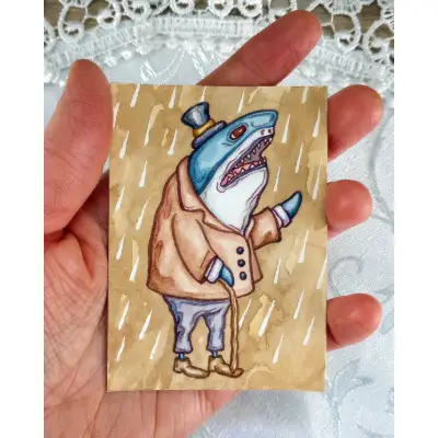Rainy Day Fish: The Shark (Original Watercolor ACEO) aceo art card thumbnail 1