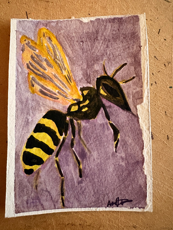 Wasp Aceo original gauche on paper by Apryl 1/8 2.5”x3.5” aceo art card