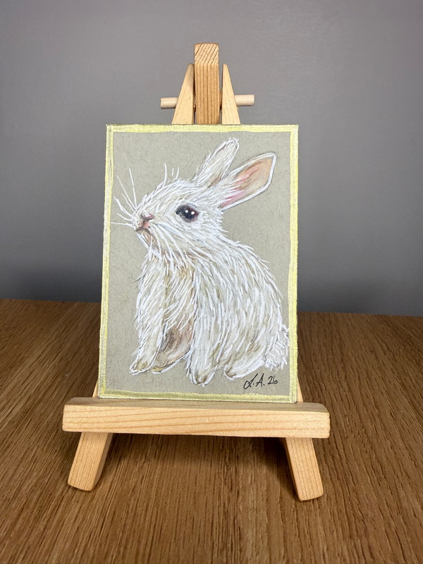 White Bunny with gold Border Original ACEO by Lyndsay Aznaurov aceo art card