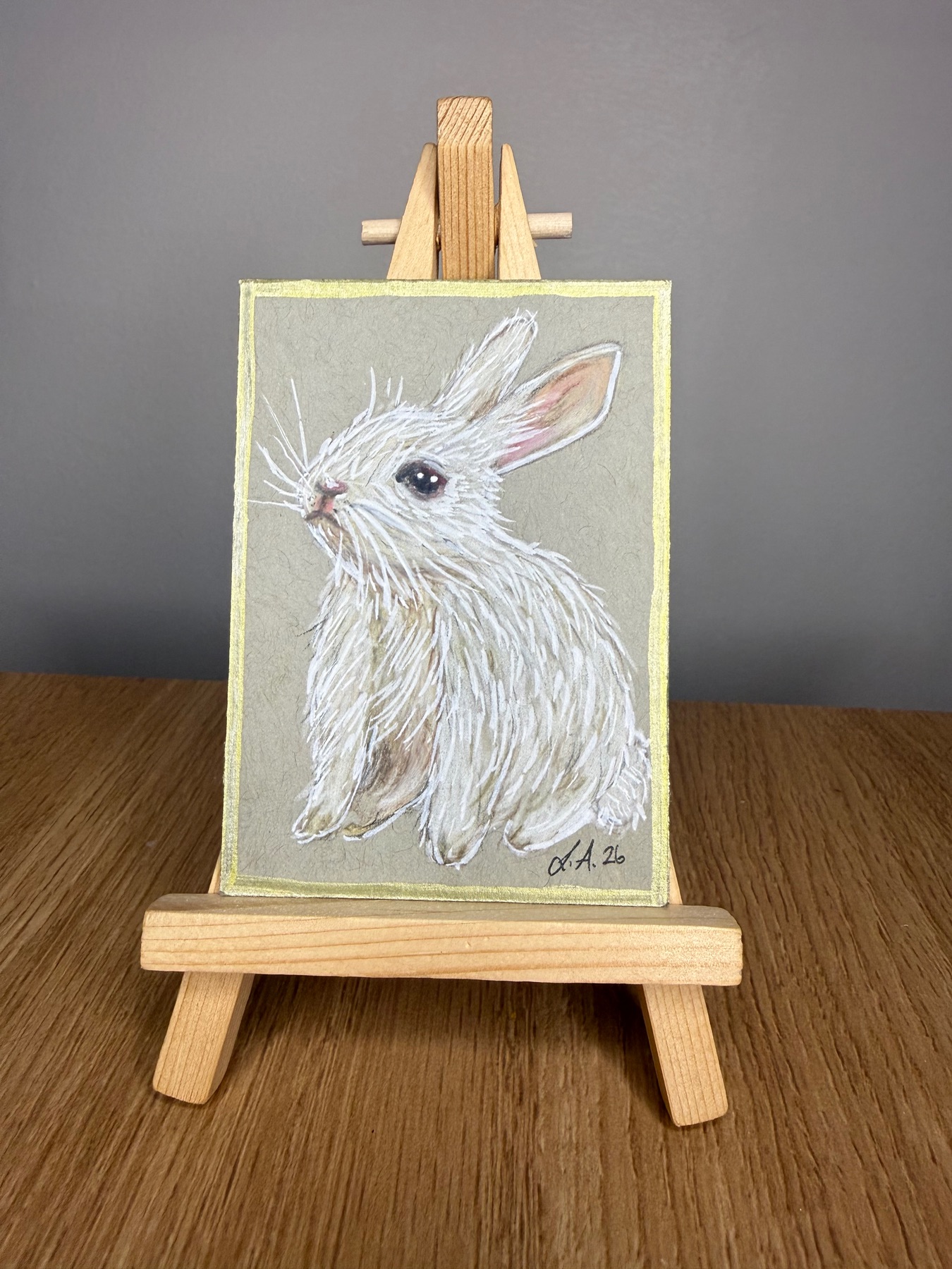 White Bunny with gold Border Original ACEO by Lyndsay Aznaurov aceo art card