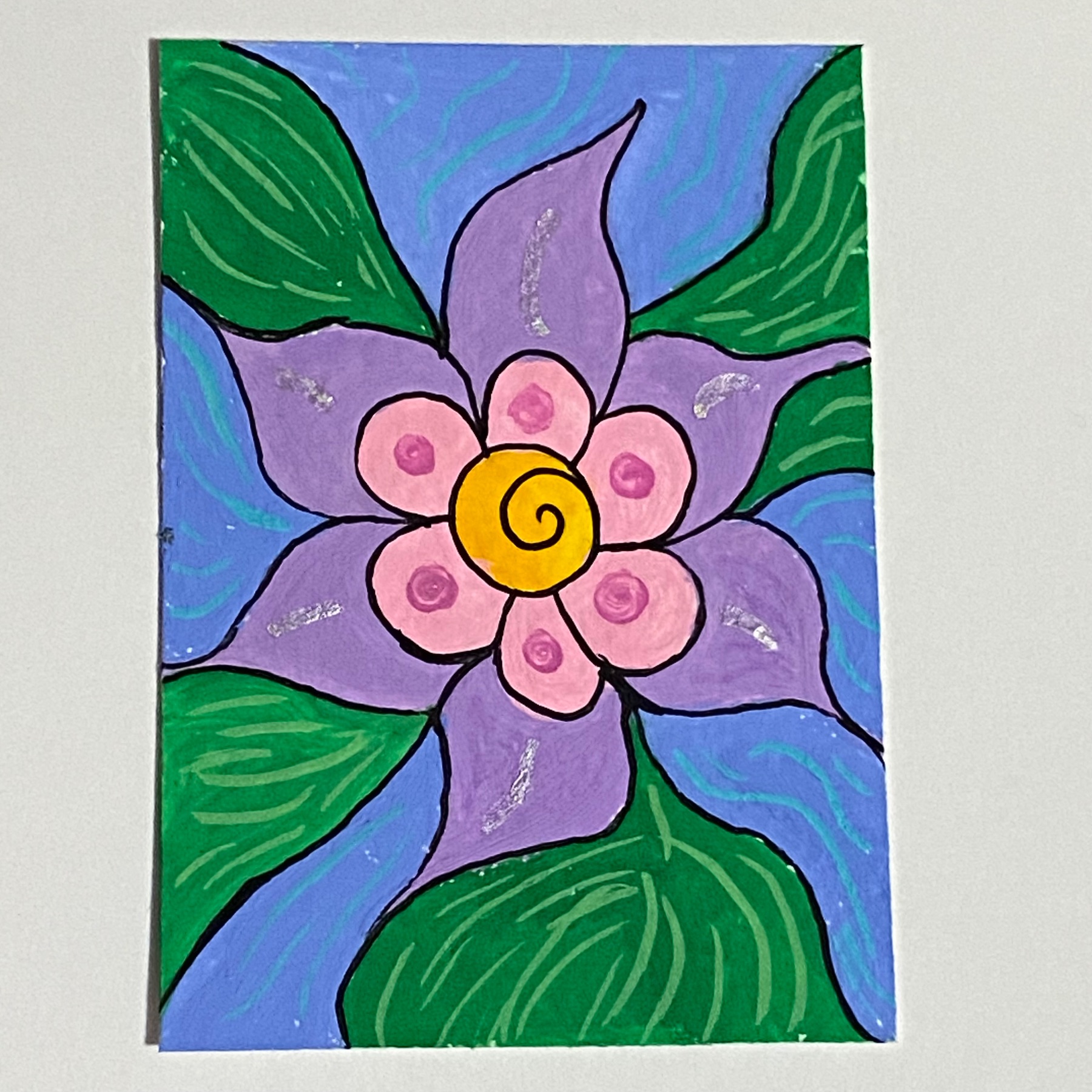 ACEO Original Mixed Media Gouache Painting ATC - "Pink & Purple Spiral Flower" aceo art card