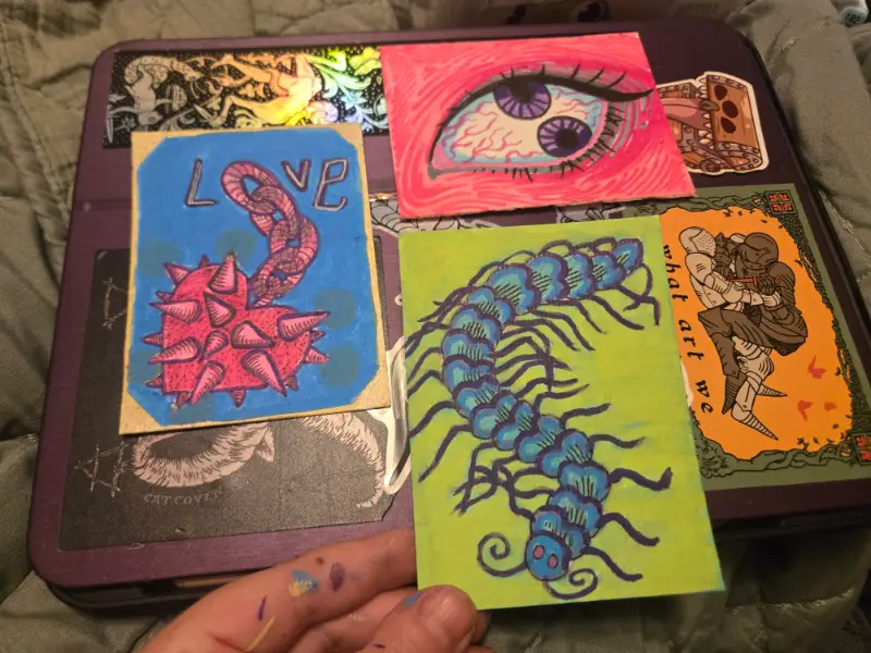 Set of 3, girly pop punk art made with acrylic & alcohol markers on watercolor paper aceo art card