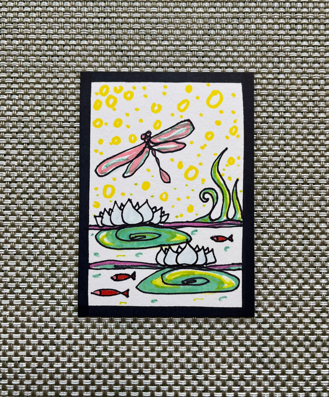 “Dragonfly DancesOver the Lotus Pond” aceo art card