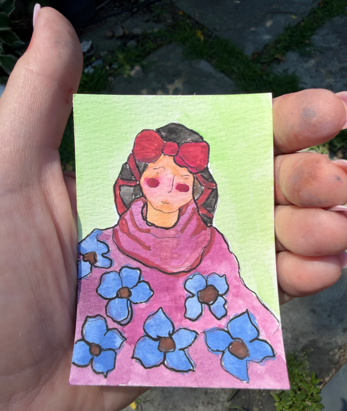 ACEO Original Blue Flower Sweater Painting, Watercolor, Handmade by lowgarden0 aceo art card