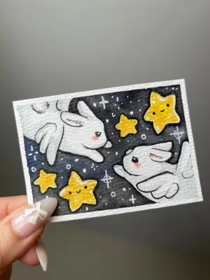 Angel Bunnies and Stars aceo art card thumbnail 1