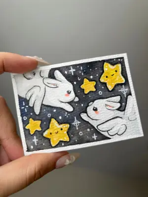 Angel Bunnies and Stars aceo art card thumbnail 2