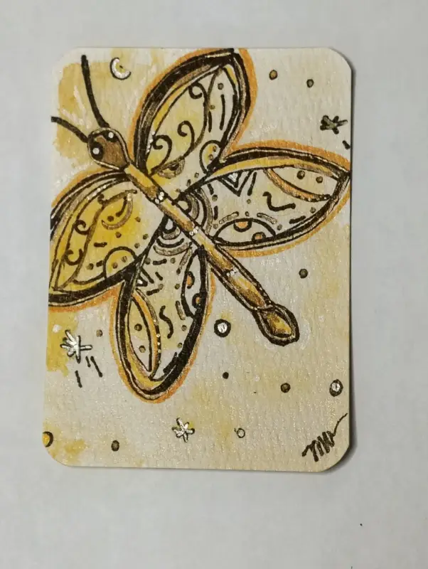 Sunlit Wings – Original ACEO, Acrylic & Gold Ink, 2.5" x 3.5" aceo art card