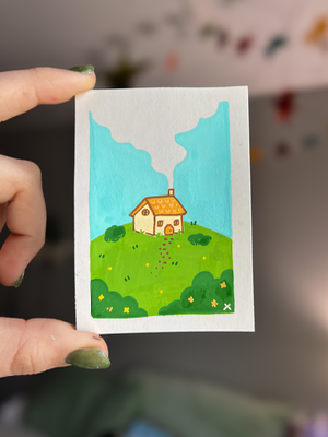 Cozy Cottage on a Hill aceo art card thumbnail 2