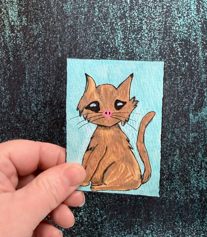 Original ACEO Art Whimsical Cute Kitten Cat Art Acrylic/Ink Mini 2.5x3.5 aceo art card