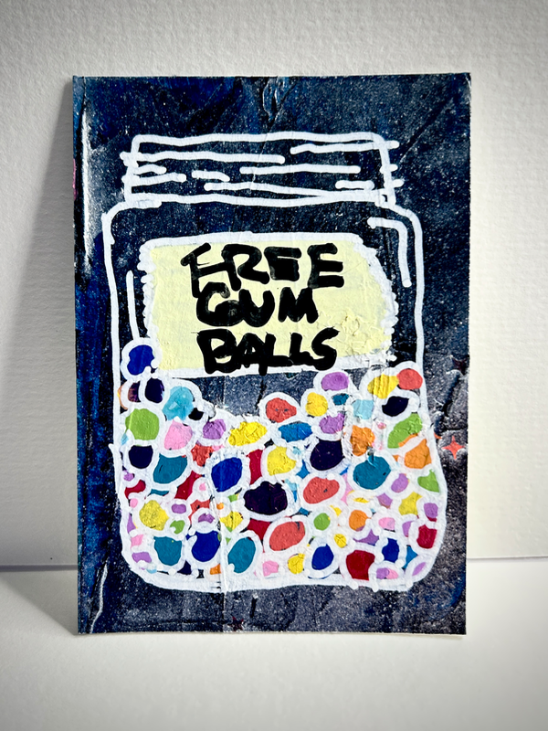 Free Gum Balls ACEO  Whimsical Candy Jar Mini Painting – Dark Humor Sweet Art Card aceo art card